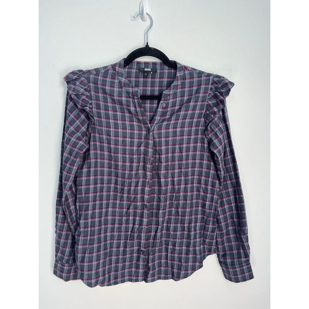 PAIGE Ruffle Shoulder Plaid Button Shirt Women XS Purple Gray Long Sleeve Top